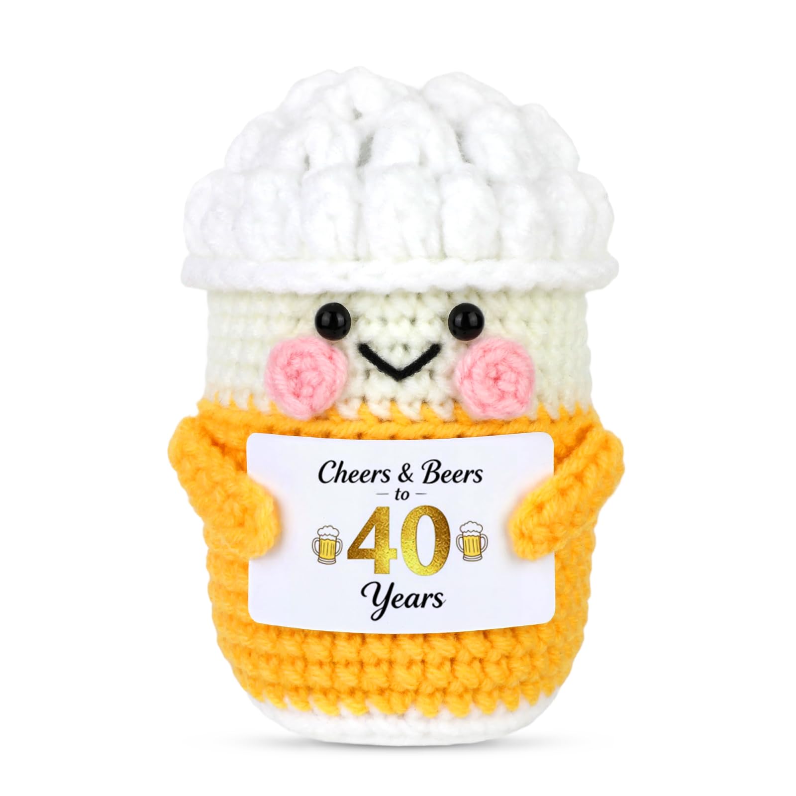 Qpout 40th Birthday Gifts for Men Women, Funny Handmade Crochet Beer with Cheers & Beers to 40 Years Card, Cute Desk Decor & Keepsake for Beer Lovers, Him Her Friends Family
