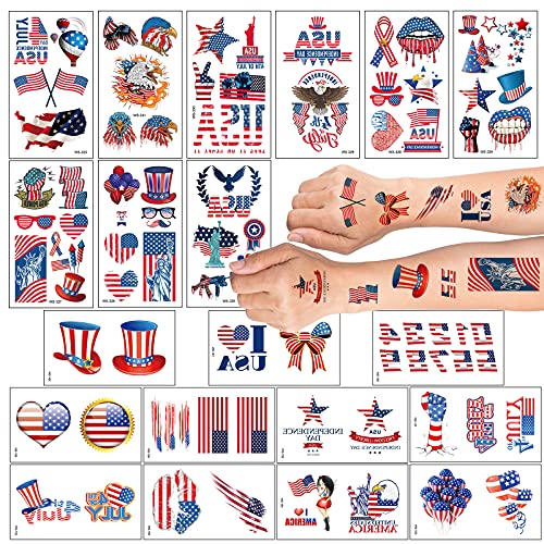 4th of July Temporary Tattoos Patriotic Temporary Tattoos sticker 20 Sheets Independence Day Tattoo Party Supplies USA P
