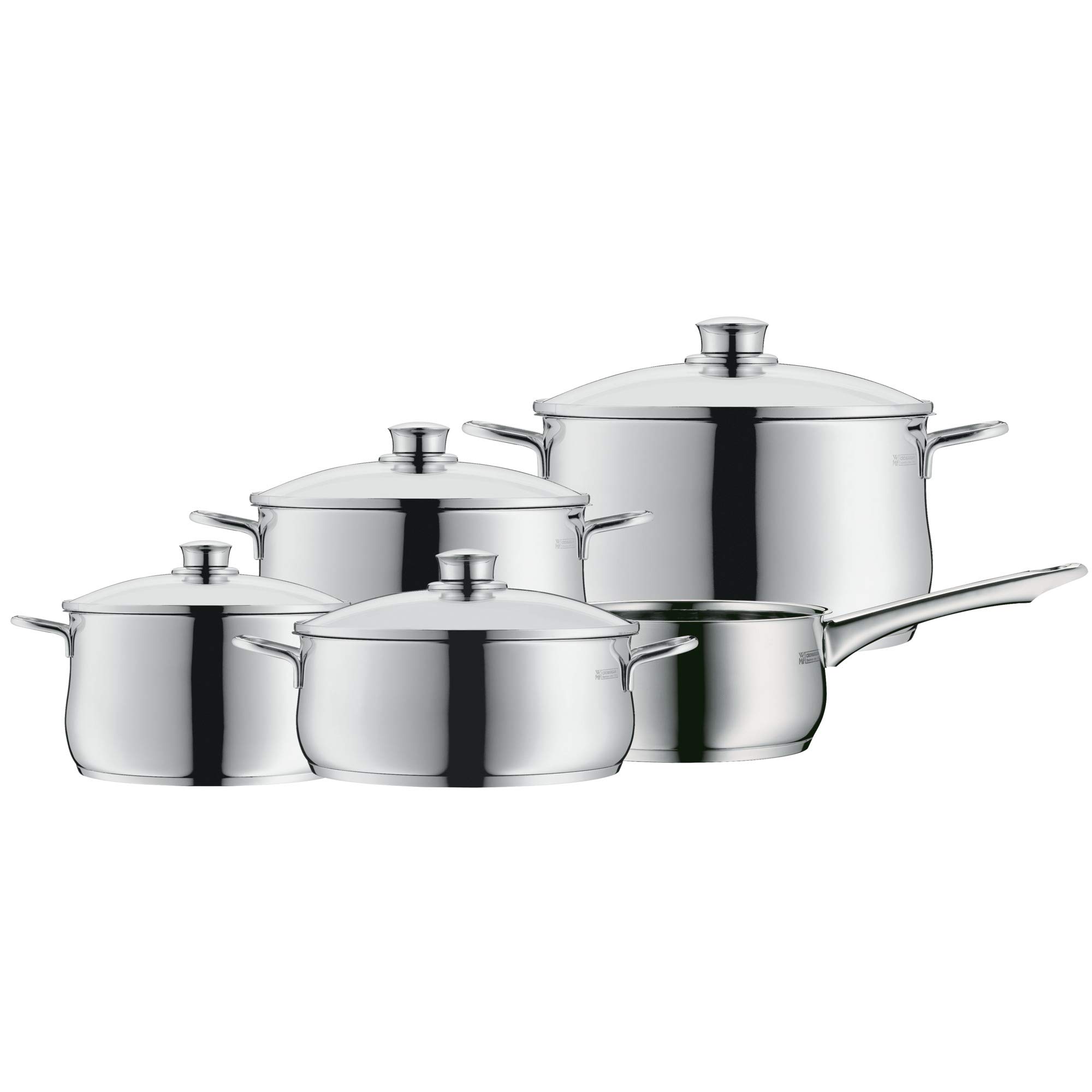 WMF Diadem Plus set de casseroles induction 5 pièces, set de casseroles avec couvercle en verre, acier inoxydable poli Cromargan, set de casseroles à induction non revêtu