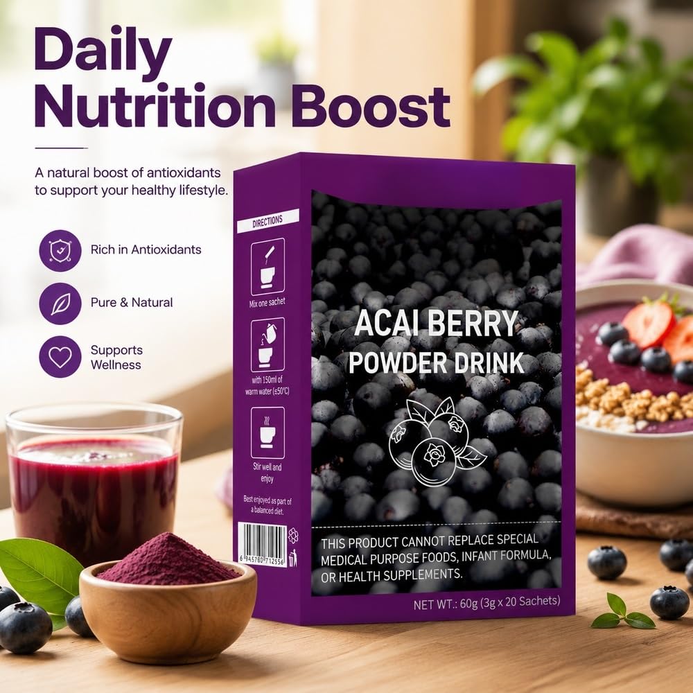 Polvere di bacche di Acai, 20 bustine, 60 g | Acai liofilizzato, senza zuccheri aggiunti, si dissolve facilmente(5boxes)