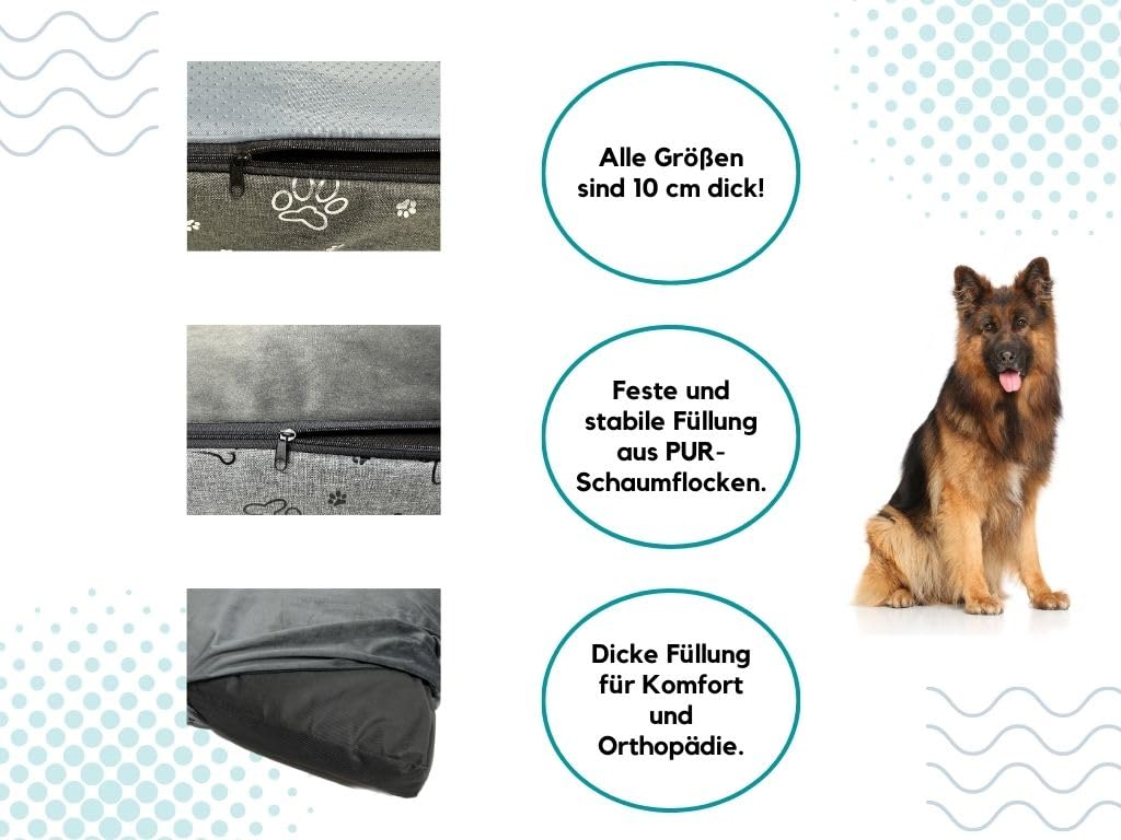 Dogs4Life Cama ortopédica para perros medianos – 100 x 70 cm – parte superior de terciopelo de felpa – relleno extra grueso 10 cm – Base antideslizante – Funda lavable extraíble – gris patas negras