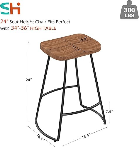 Miniatura 2 de SHINEBOOM Juego de 4 taburetes de bar industriales de metal negro con parte superior de madera, 24 pulgadas