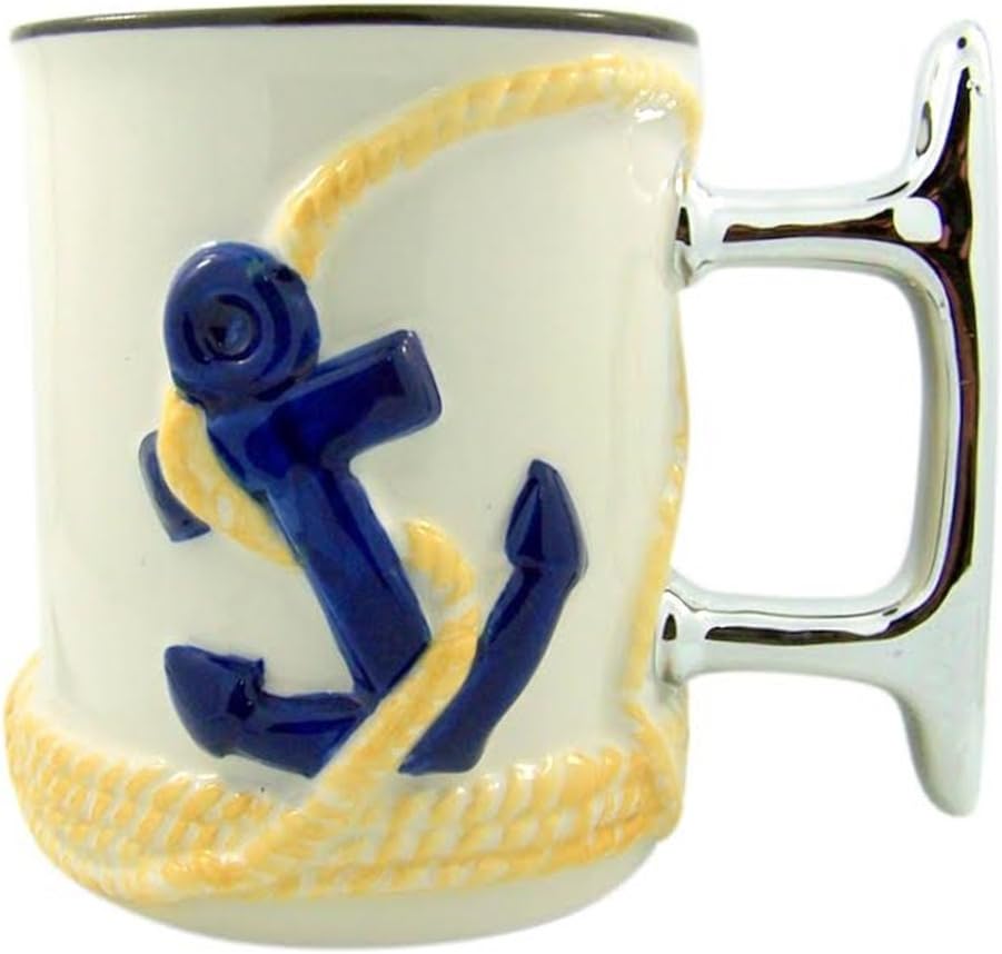 Beach Ship Cleat and Anchor Sculpted Handle Ceramic Coffee Mug, 16 oz