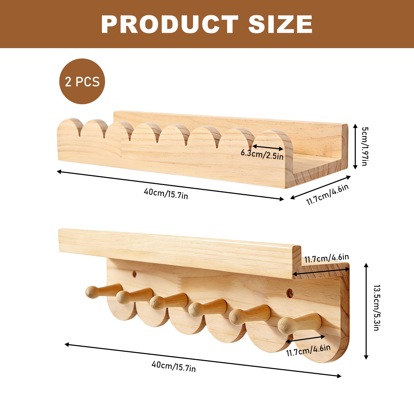 GBKDQQ Juego de 3 estanterías infantiles de pared, 40 cm, estantería de pared para habitación infantil con ganchos de madera, estantería flotante para libros y juguetes, estantería Montessori (color