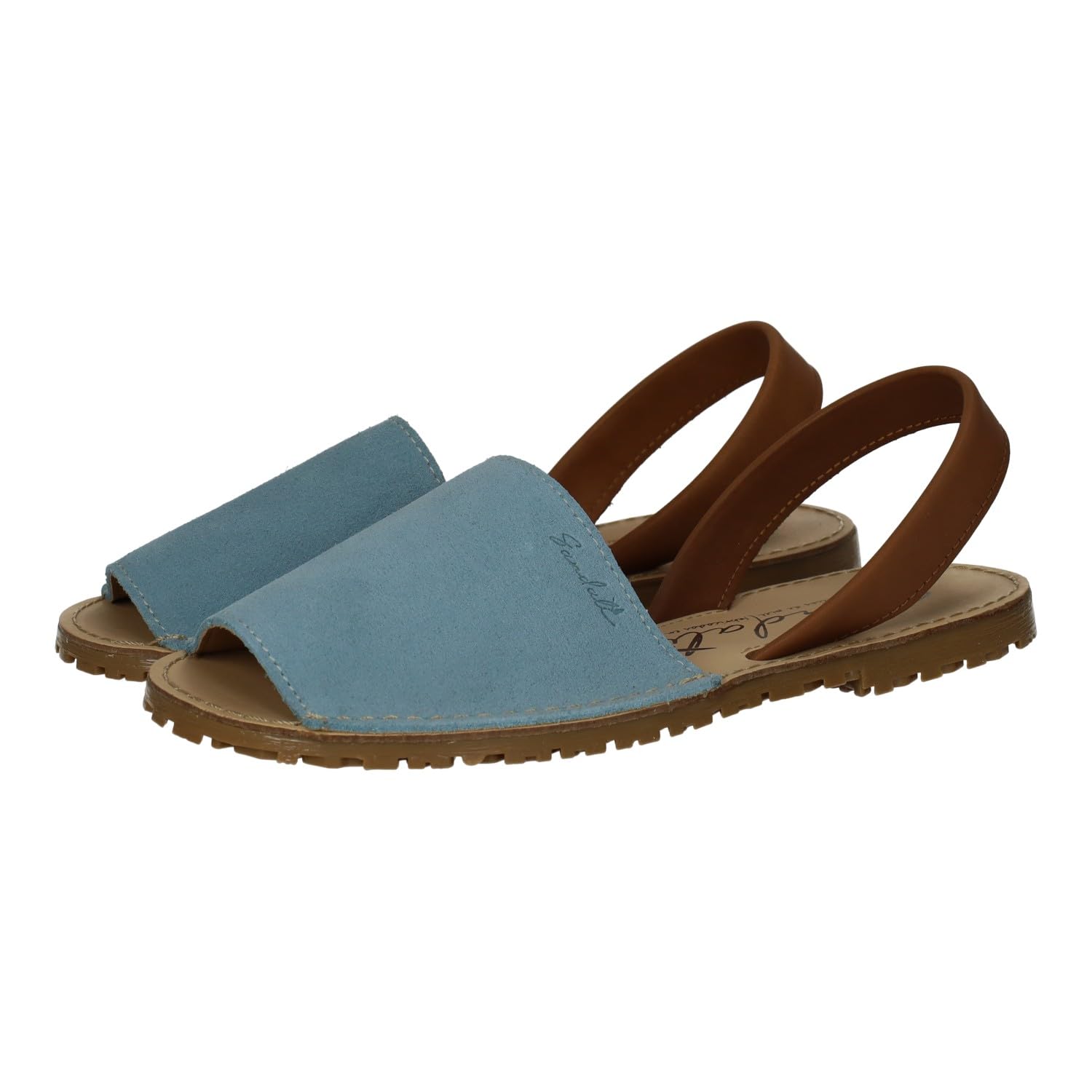 SANDALI M-969 Menorquinas Azul Cielo de Piel para Mujer, Hechas en España, Modelo clásico con Cinta Trasera Que sujeta el pie, Hechas en España Mujer