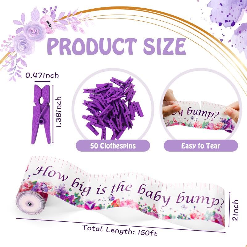 Weecent Butterfly Baby Shower Games Sign How Big is The Mommy's Tummy and Don't Say Baby, 2 Tummy Measure Rolls and 50 Mini Clothespins, Butterfly Decorations Party Favors Supplies