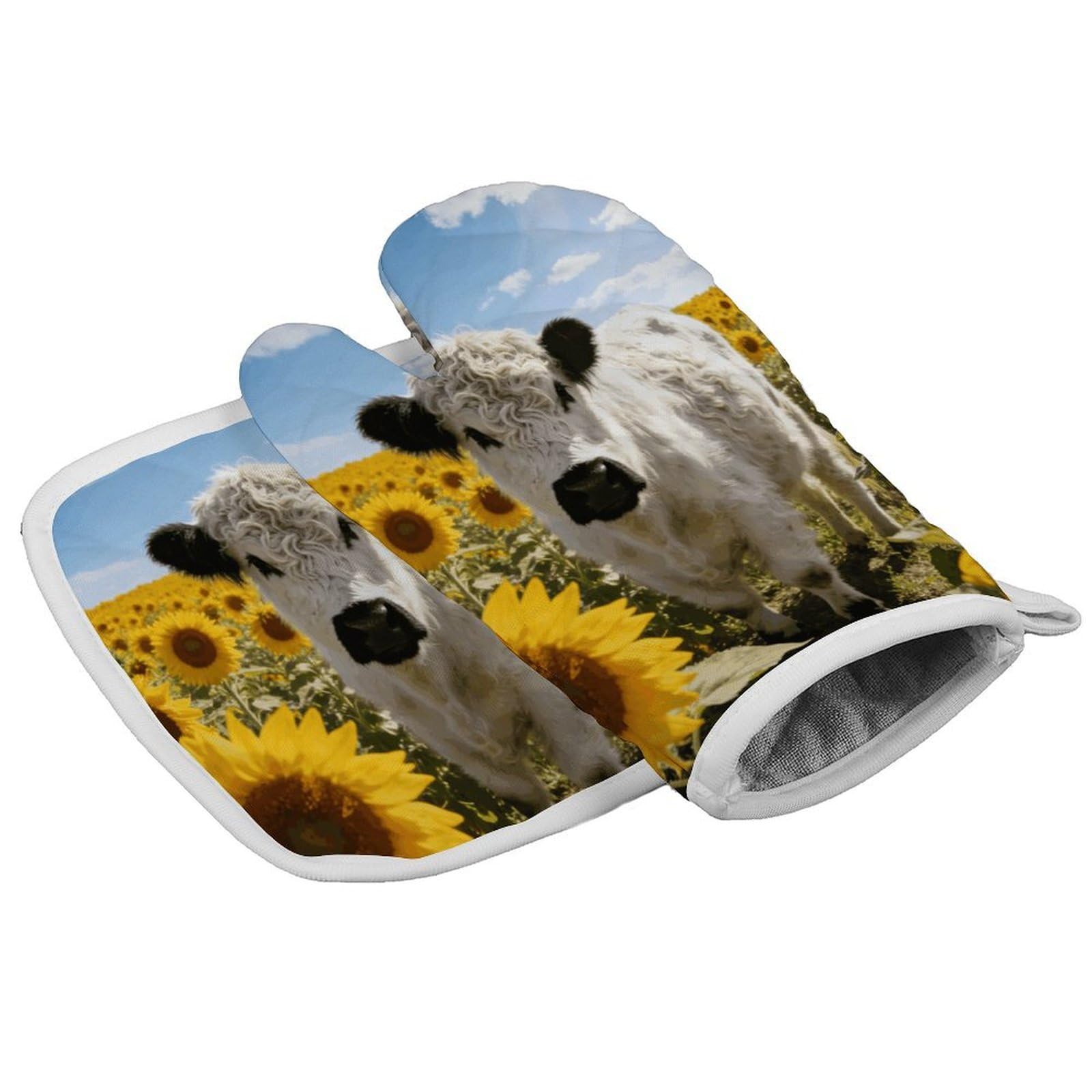 Fodpand Style Western Highland Cow Sunflowers Oven Mitt Set With Lanyard, Cooking Mitt, Protective Thermal Insulation,Kitchen Mitt For Baking, Cooking, Grilling, Microwave