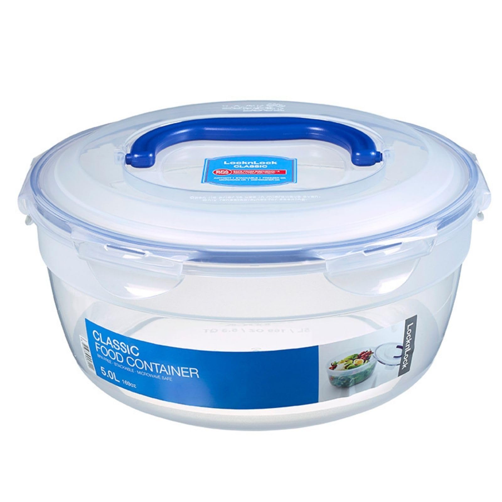 LocknLock PP Classic Frischhaltedose rund mit Griff, 5 L, Ø 28,5 x 12,8 cm, Sicherer Transport von Salaten, 100 % luft- und wasserdicht, BPA-frei, Kühlschrank Organizer spülmaschinengeeignet