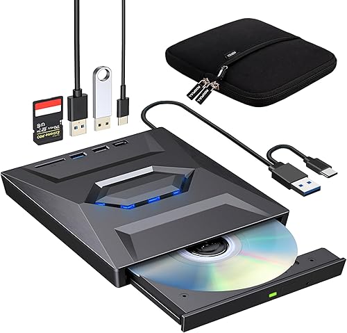 ROOFULL Unidad externa de CD y DVD con puertos USB 3.02.0Tipo-C y ranura para tarjeta SD, lector de grabador de grabador portátil para CDDVD ROM