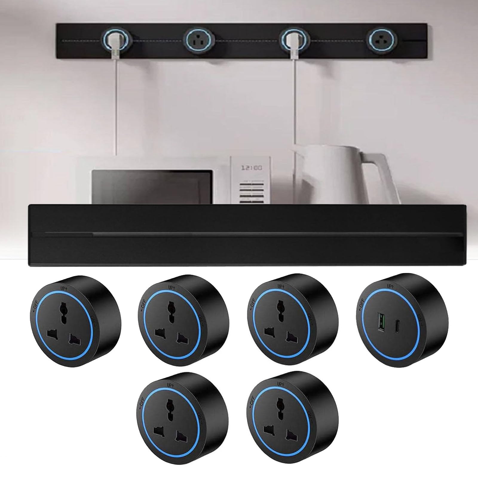 Listwa Zasilająca Montowana Na ścianie Z Odłączanym Adapterem Gniazdkowym, Listwa Z Gniazdami (Listwa I 5 Uniwersalnych Gniazd, 1 Gniazdo USB) Do Biura, Domu, Kuchni I Salonu Black-40CM