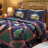 Cozy Line Home Fashions Christmas Night 3-Piece Cotton Quilt Bedding Set, Coverlet, Bedspread (Christmas Night, Queen - 3 Piece)