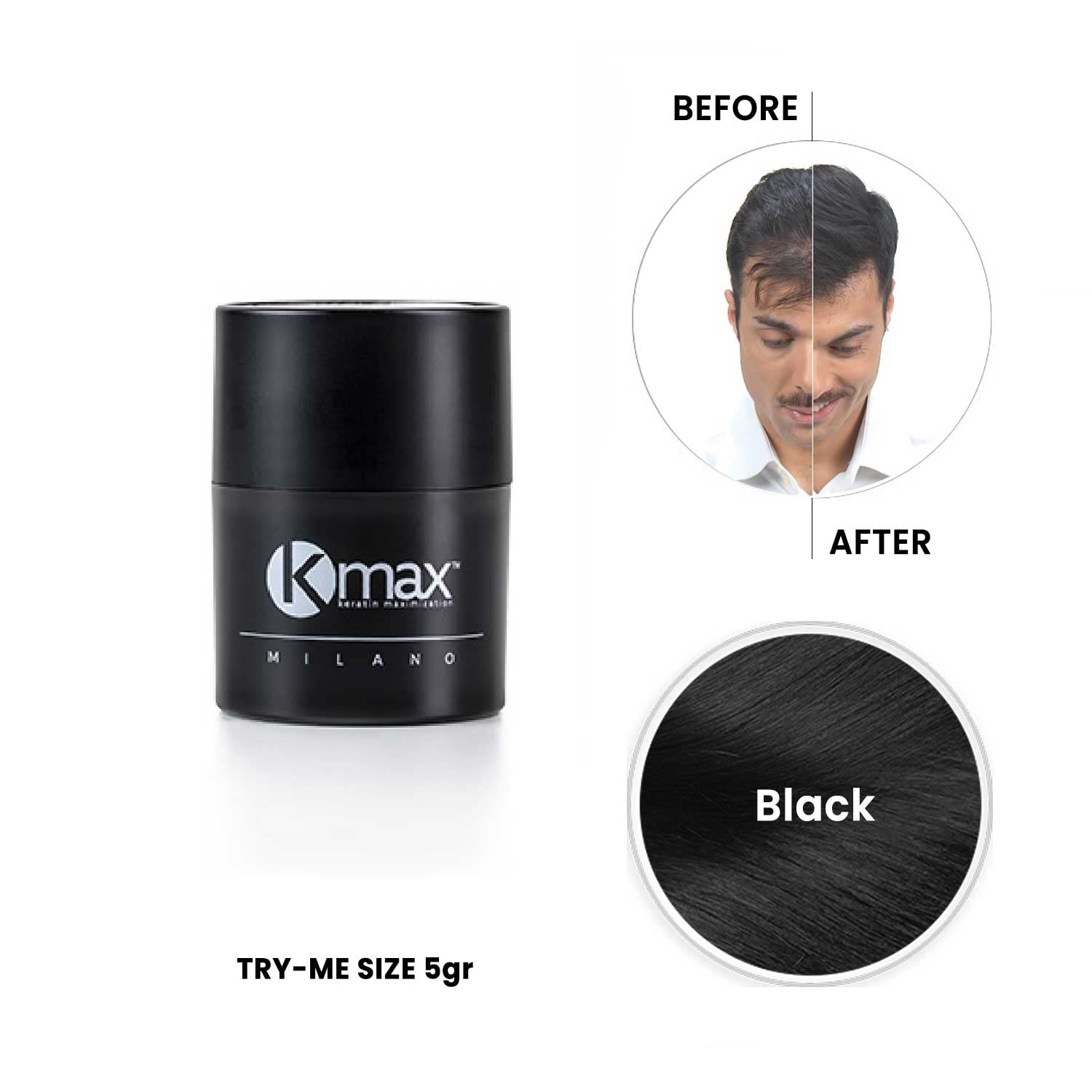 Kmax Fibre Cheratina per Capelli 5 gr, Polvere volumizzante Capelli naturale Infoltimento immediato, Fibre Capelli per coprire le Calvizie - Formato Try Me - Nero