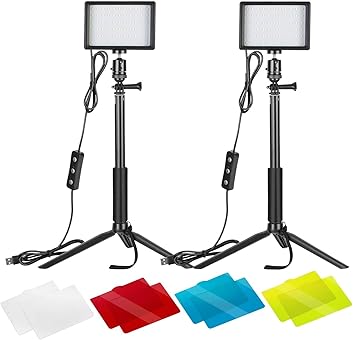 Neewer 2 Packs Dimmable 5600K USB LED Video Light with Adjustable Tripod Stand/Color Filters for Tabletop/Low Angle Shooting, Colorful LED Lighting, Product Portrait YouTube Video Photography