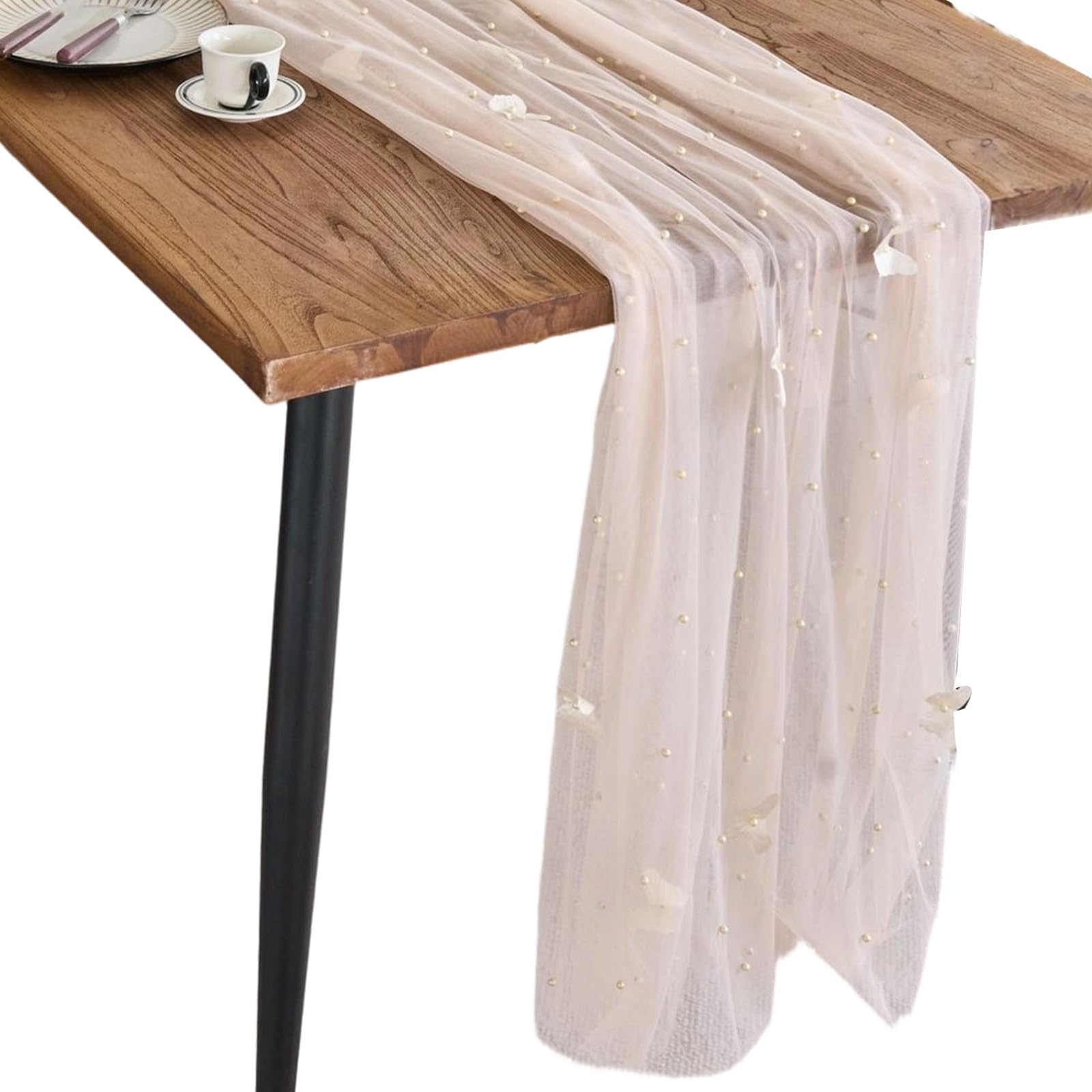 SXRQ Table Runner with Pearl Beaded and Embroidery 3D Butterfly Sheer Tulle Fabric Tablecloth for Dining Decors Sheer Tulle Runner