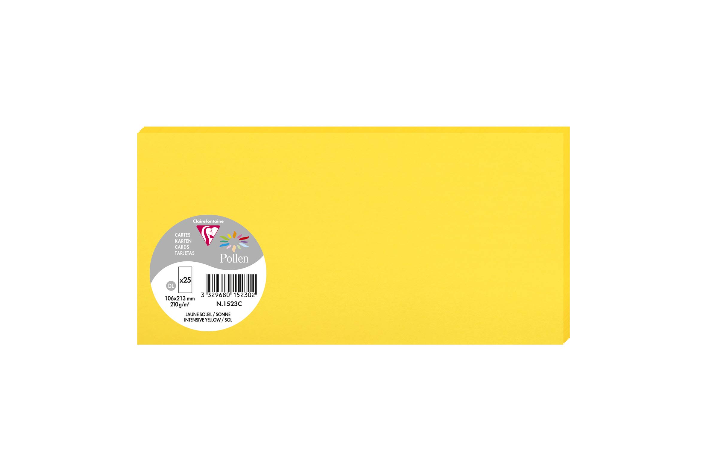 Clairefontaine 1523C Pack of 25 Plain Cards DL Format 10.6x21.3cm 210gsm Intensive Yellow Invitation Correspondence Cards Pollen Range Premium Smooth Paper