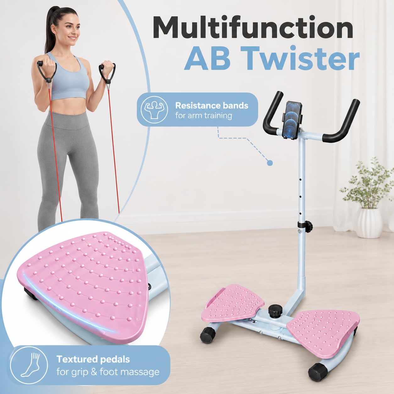 Taillen-Drehmaschine mit Lenker und Handyhalterung, Taillen-Twister mit Widerstandsbändern, 150 kg Kapazität, Bauch-Twister-Board für Frauen, AB Twister Heim-Fitnessgerät für schlanke Taille