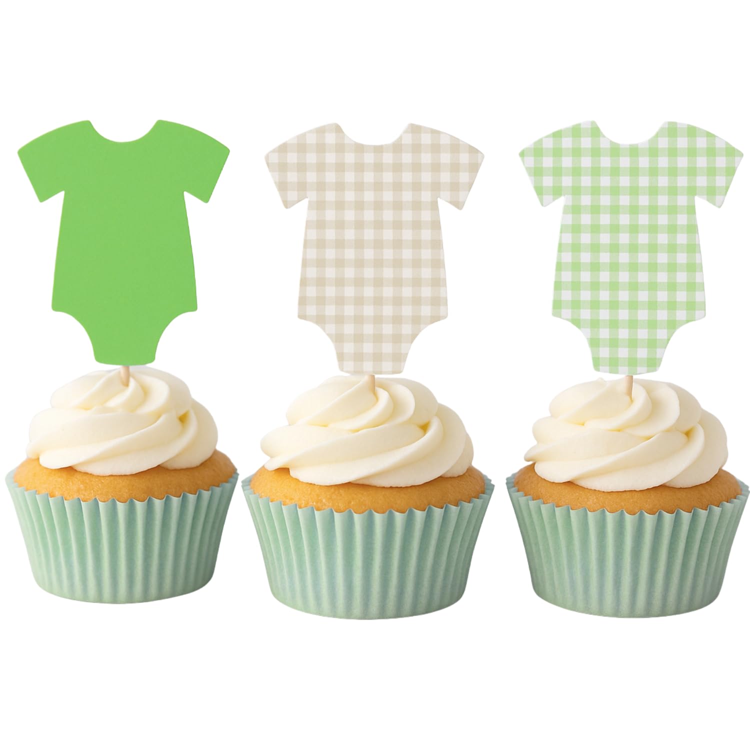 ALISSAR 36 Pcs Sage Green Gingham Cupcake Toppers - Neutral Baby Shower Decorations, Baby Shower Cake Topper, Bodysuit & Cupcake Toppers, Diaper Cake Decor, Gender Neutral Party Supplies