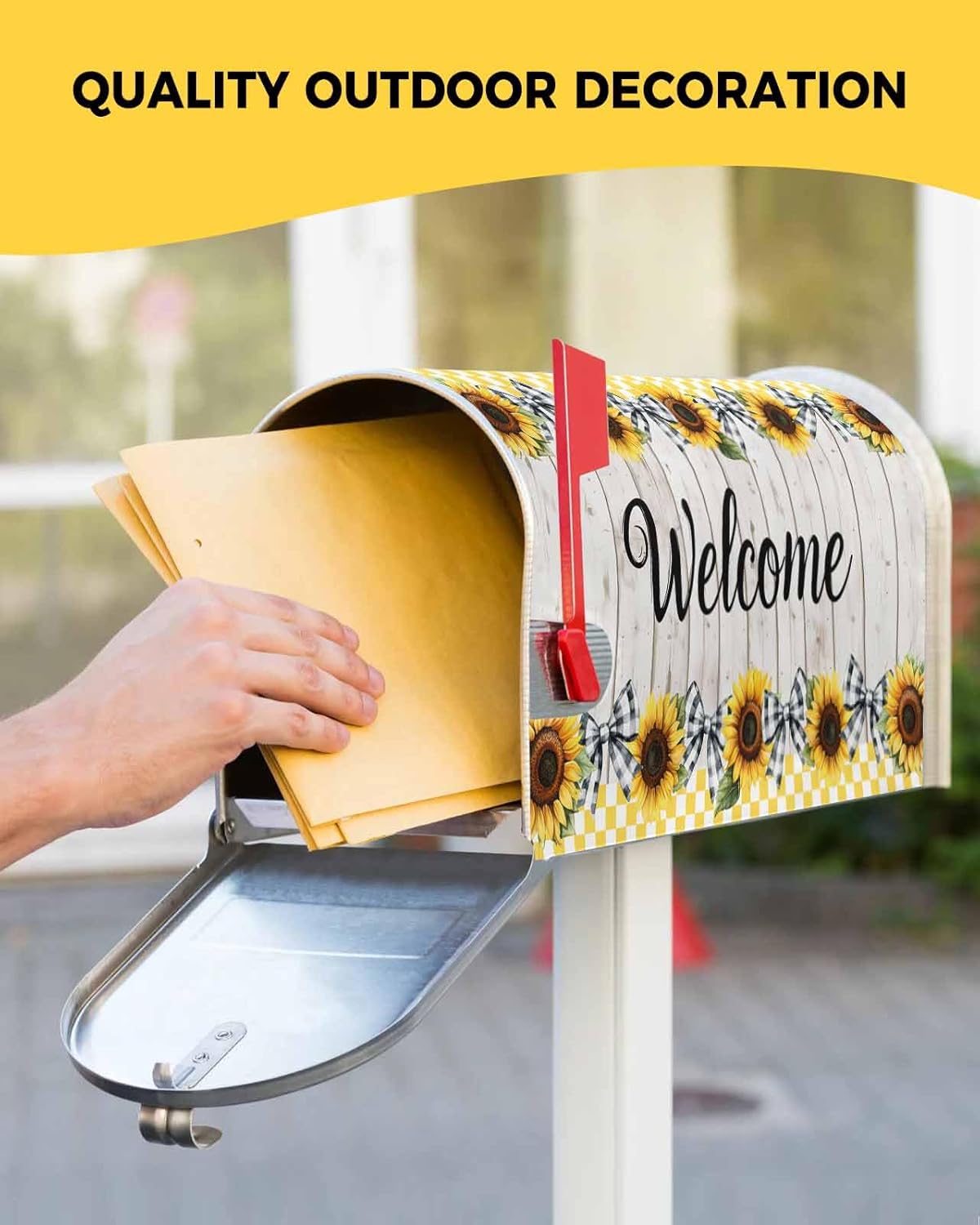 Mailbox Covers Magnetic Oversized 21x25.5In Outside Mailbox Decorations Watercolor Sunflower and Bow White Board Grain Magnetic Postbox Covers Wrap for Garden Yard Home