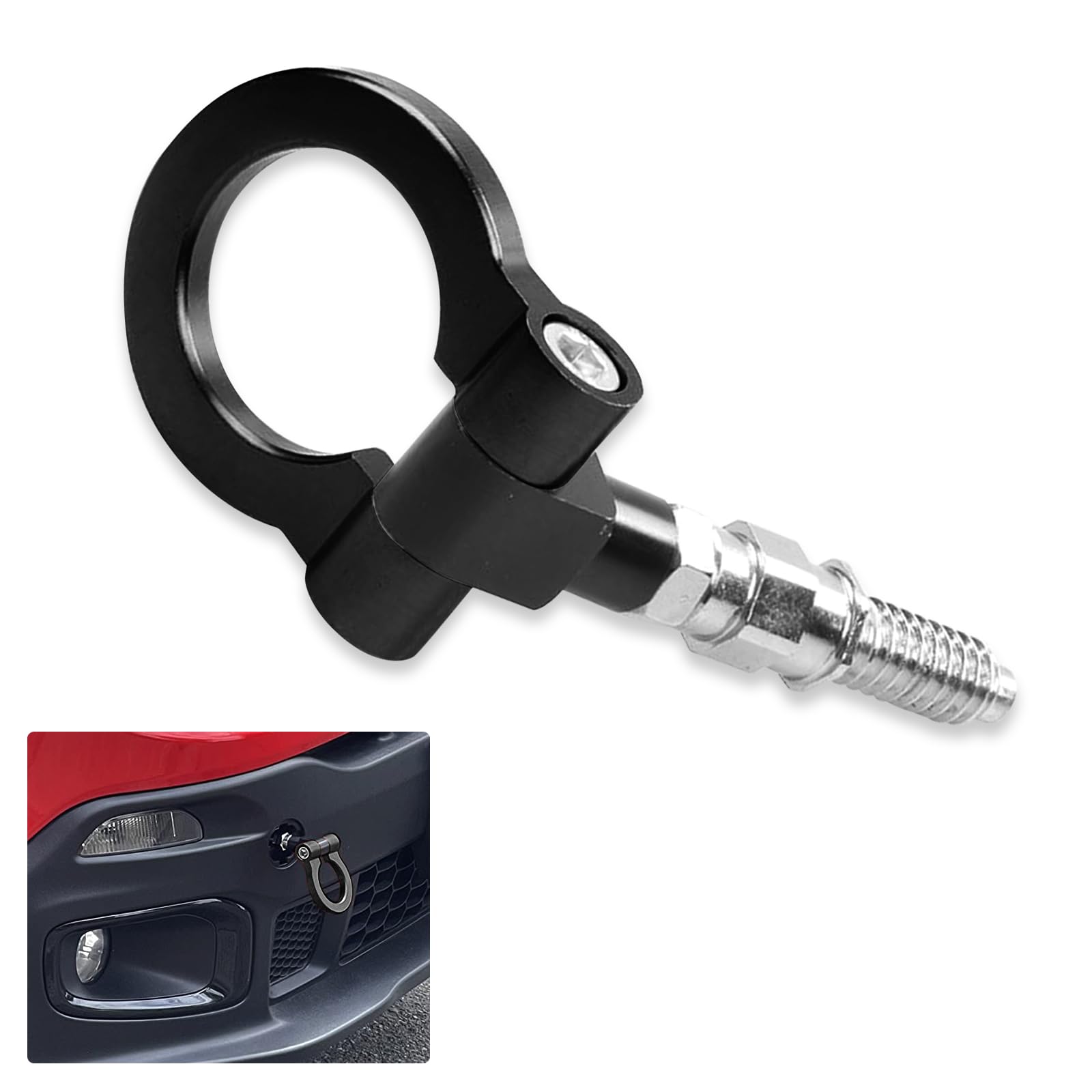 1 PC Car Front Bumper Tow Hook with Ring, Screw-in Waterproof Metal Vehicle Tow Pull Ring, Universal Smooth Durable Automotive Tow Hook Accessories for Car SUV Truck (Black)