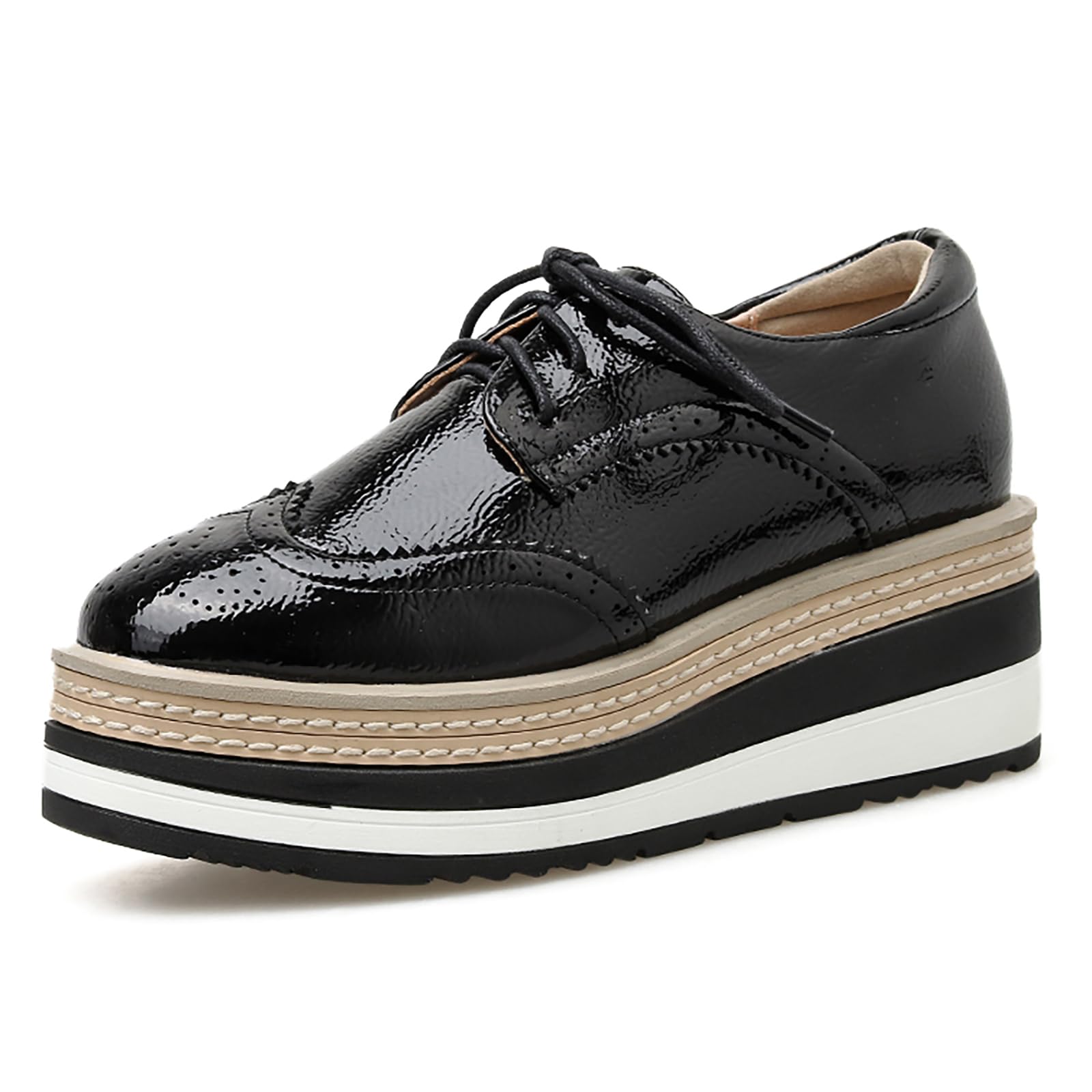 Womens Platform Brogue Oxfords Fashion Leather Wingtip Round Toe Comfort Height-Increasing British Style Causal Work Business Walking Oxfords