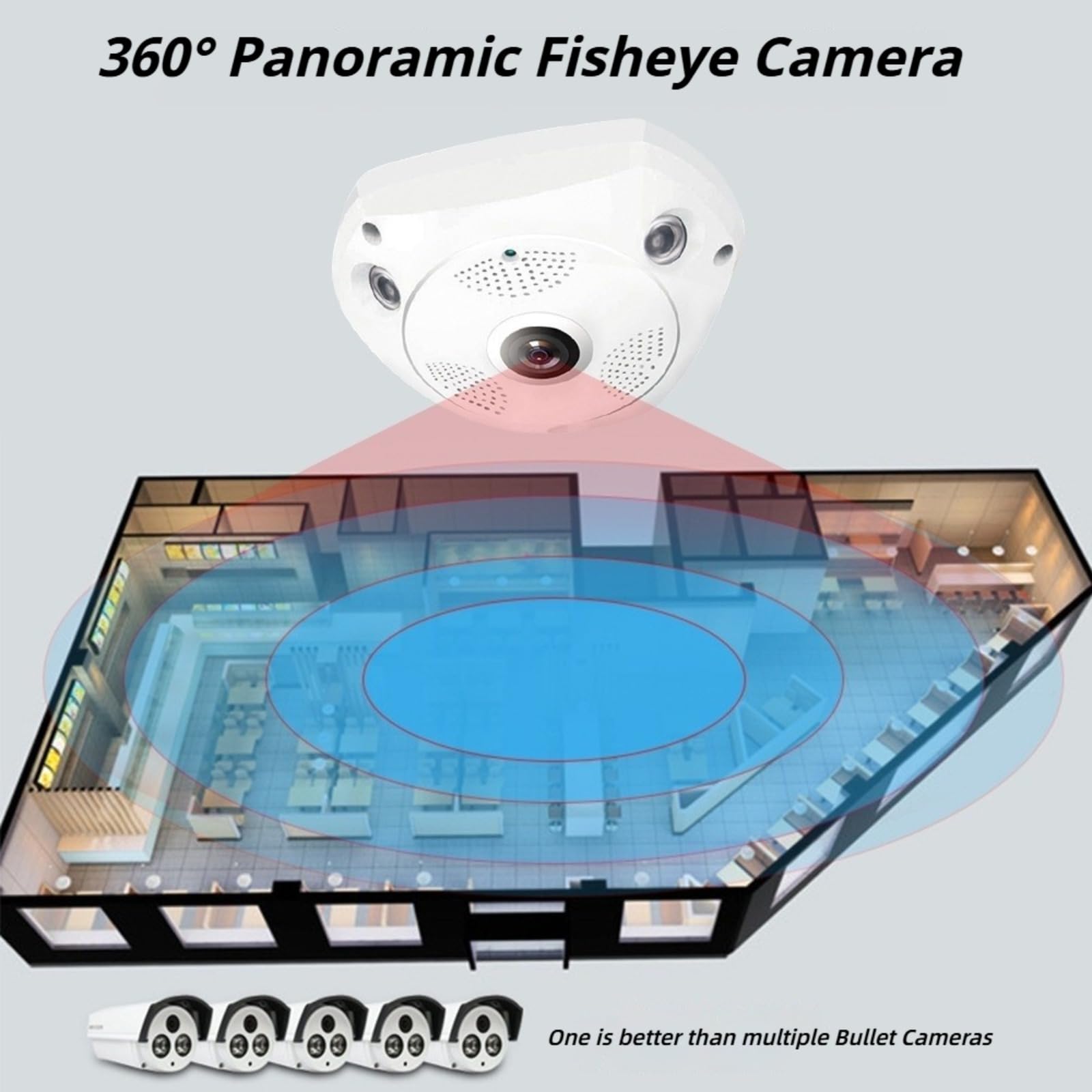 Telecamera di sicurezza fisheye panoramica a 360°, telecamera IP WiFi HD 1280x960, visione notturna, rilevamento del movimento, audio a 2 vie, vista remota, telecamera di sorveglianza interna per casa