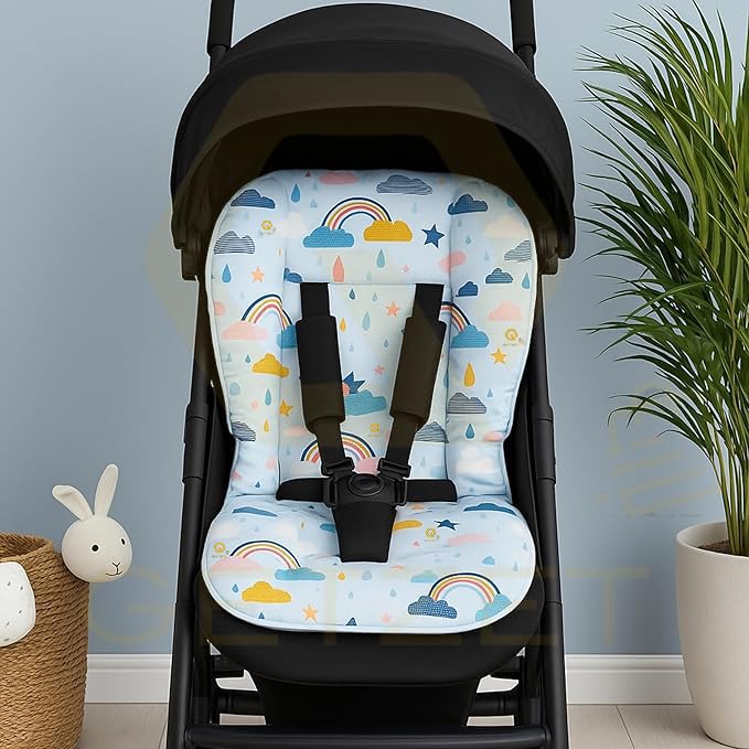 Image of Pushchair Baby Stroller High Chair Soft Seat Cushion Dining Chair Liner Mat Pad Breathable Protector Cover Accessories Soft Pillow Thick Non - Slip Suede Fabric, Cotton Rainbow Design Cushion.