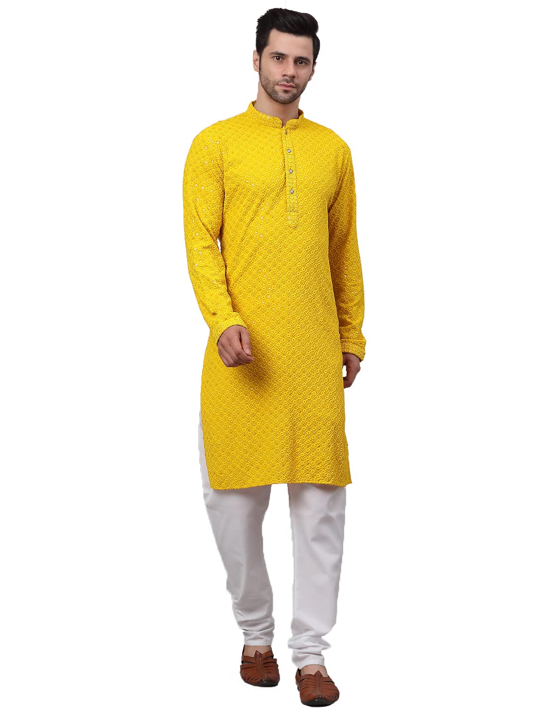 Jompers Men Chikankari Embroidered And Sequence Kurta With Churidar (Yellow, S)