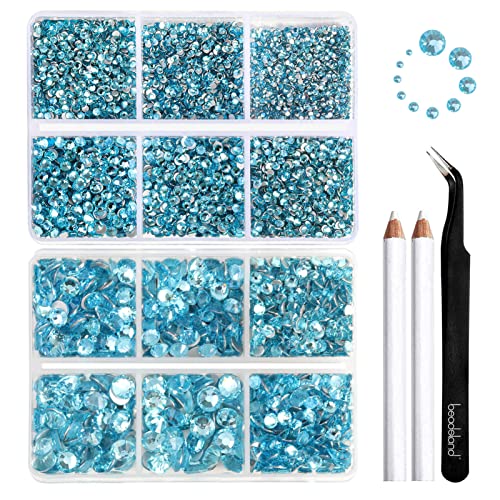 Image of Beadsland 8300PCS Flatback Rhinestones, Blue Rhinestone Round Crystal Rhinestones for Crafts, Mixed 10 Sizes with Wax Pencil and Tweezer Kit, SS3-SS30, Aquamarine