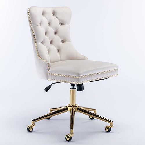Miniatura 6 de i-POOK Silla de oficina giratoria, silla de oficina en casa tapizada de terciopelo con base de metal dorado y 5 ruedas, silla de escritorio