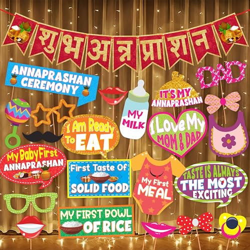 Image of Wobbox Shubh Annaprashan Decoration Items Set which Includes Baby annaprashan Ceremony Props, Subh Annaprashan Banner, Rice Light Decoration, Rice Ceremony Decorations Items(27 Pcs Set)(FP5694)