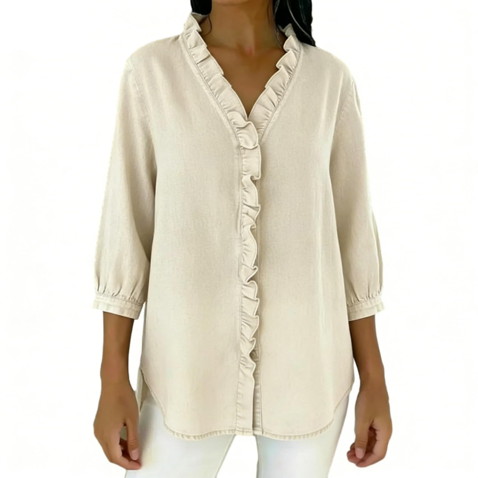 Camicia in jeans da donna con scollo a V, maniche a 3/4 arrotolabili, stile casual, con scollo a V e balze