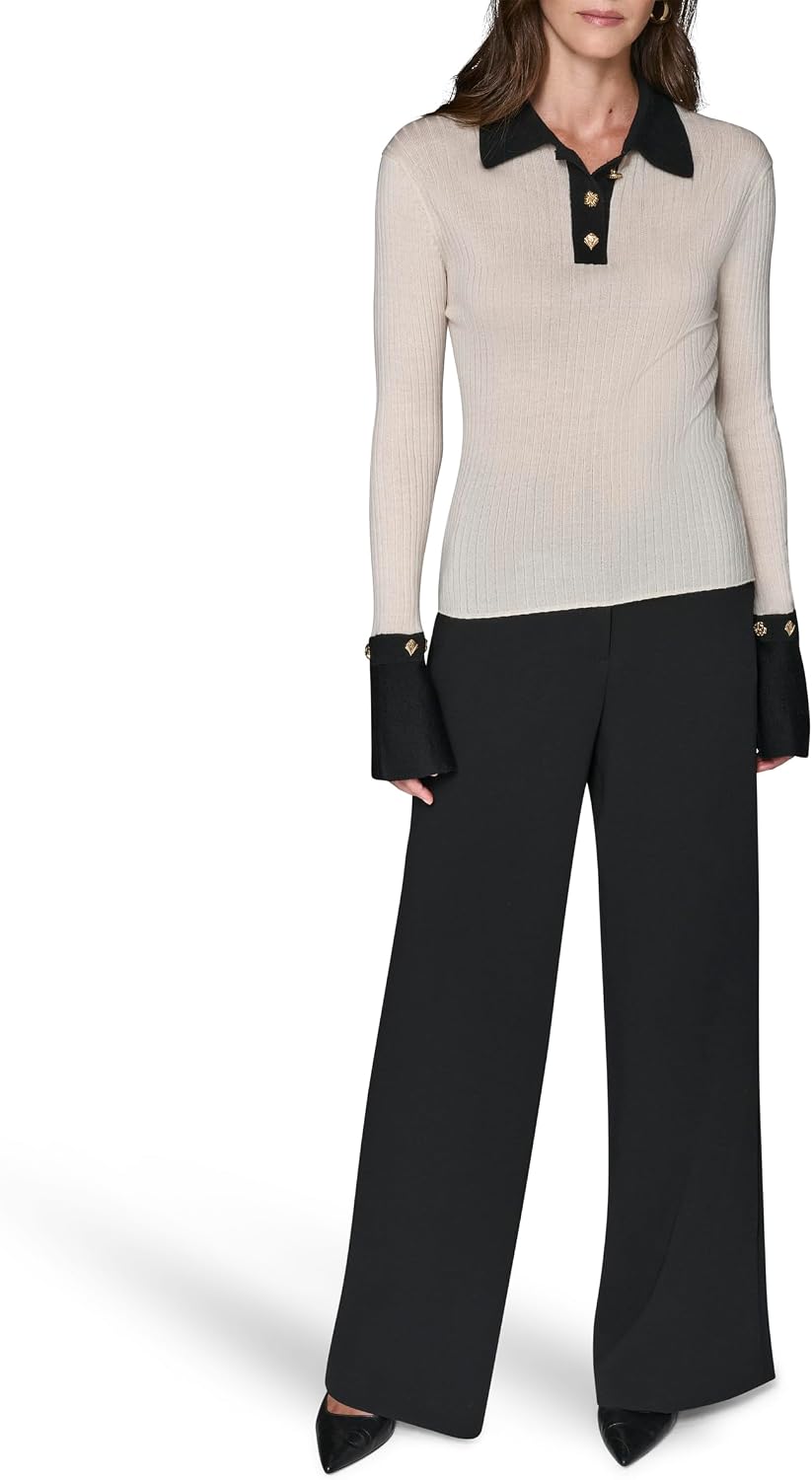 Karl Lagerfeld Women's Long Sleeve Collared Flared Sleeves Gold Buttons Sweater