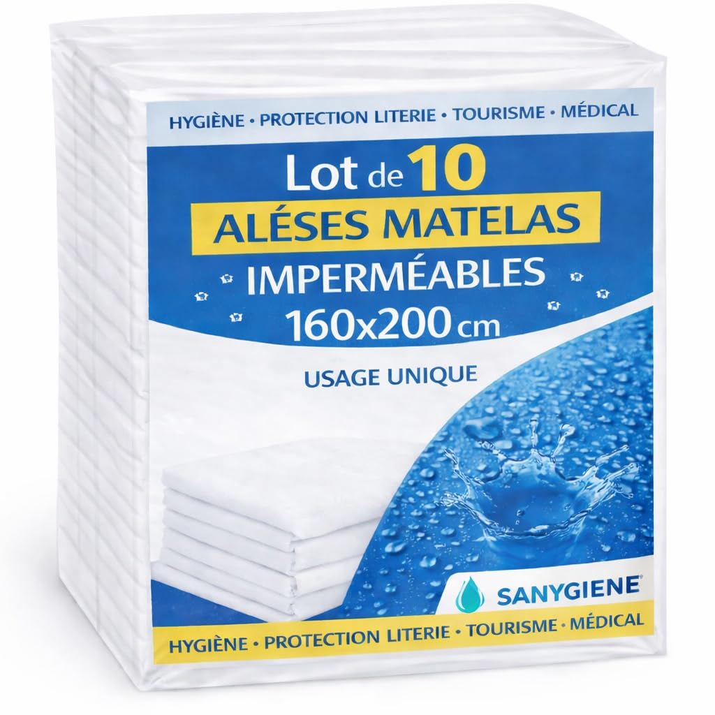 Lot de 10 Alèses Matelas Imperméables Jetables – Lit 2 Places – Usage Professionnel – Fixation Élastiques – Anti-Fuites, Anti-Bactérien – Tourisme, Médical, Hébergement Social (160 x 200 cm)