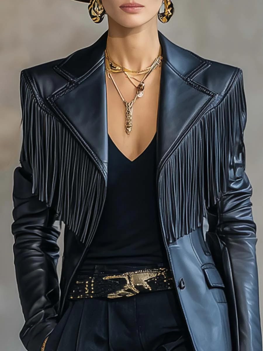 Blazer De Mujer De Piel Sintética con Flecos Chaqueta De Traje De Piel Sintética Negra con Borlas Manga Larga Cuello con Solapa Blazers Estilo Western Retro Chaquetas De Motociclista Ropa De Abrig