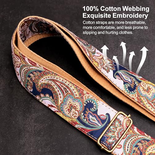 Image of Nefelibata Guitar Strap,Crazy Horse Leather Jacquard Embroidery Cotton Guitar Straps for Bass, Electric & Acoustic, Best Gifts for Guitarists(Golden Silk Dark Blue Flower)