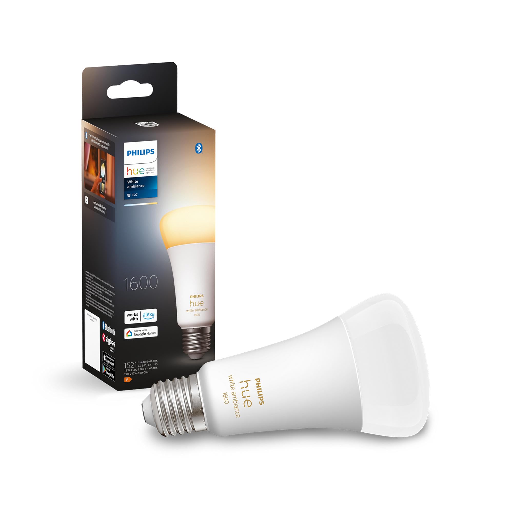 White Ambiance E27 LED Bulb, 1600lm, dimmable, All Shades of White, controllable via app, Compatible with Amazon Alexa (Echo, Echo Dot), Old Generation