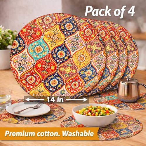 Image of Premium Round Cotton Dining Table Mats Set of 4 | Washable Heat Resistant Food Mat | Circular Dining Table Hot Plate Mats & Coaster for Hot Utensil (14-inch, Printed Mandala /Multicolour)