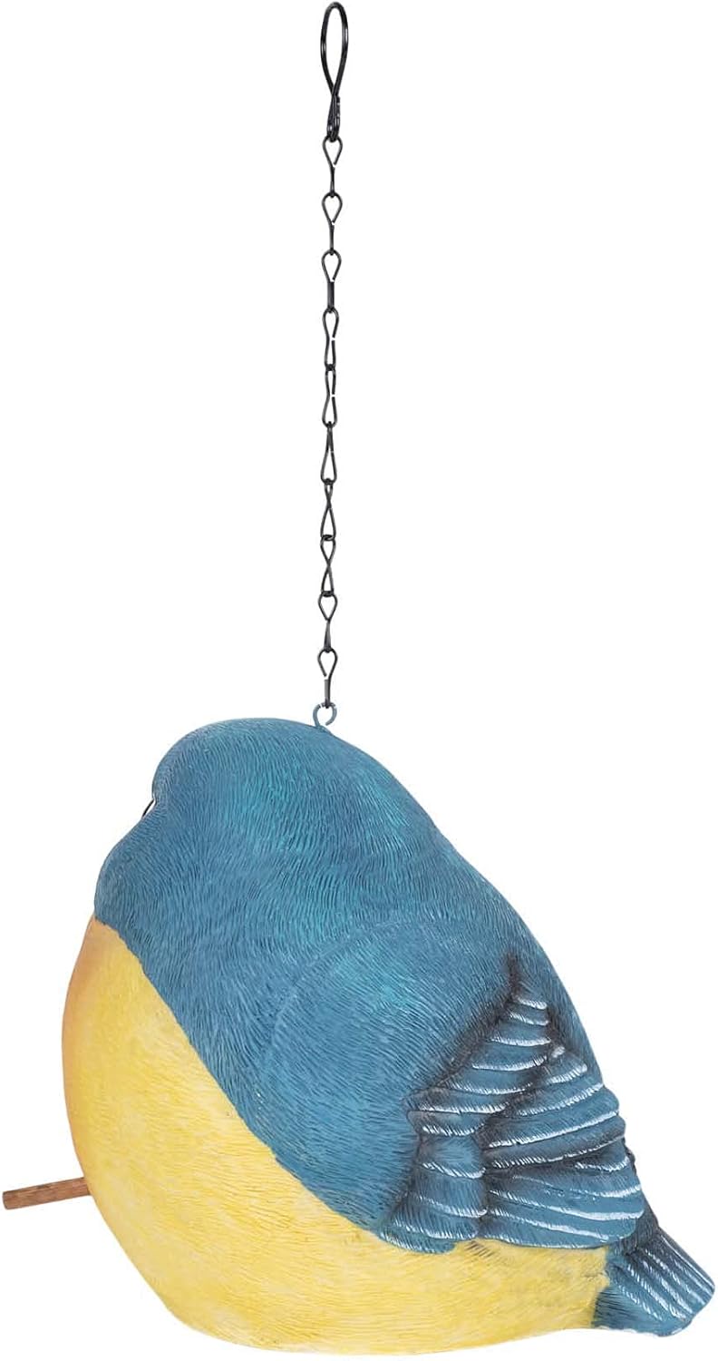 Chubby Blue Bird Yellow Chest 10 Inch Resin Chain Link Hanging Outdoor Birdhouse