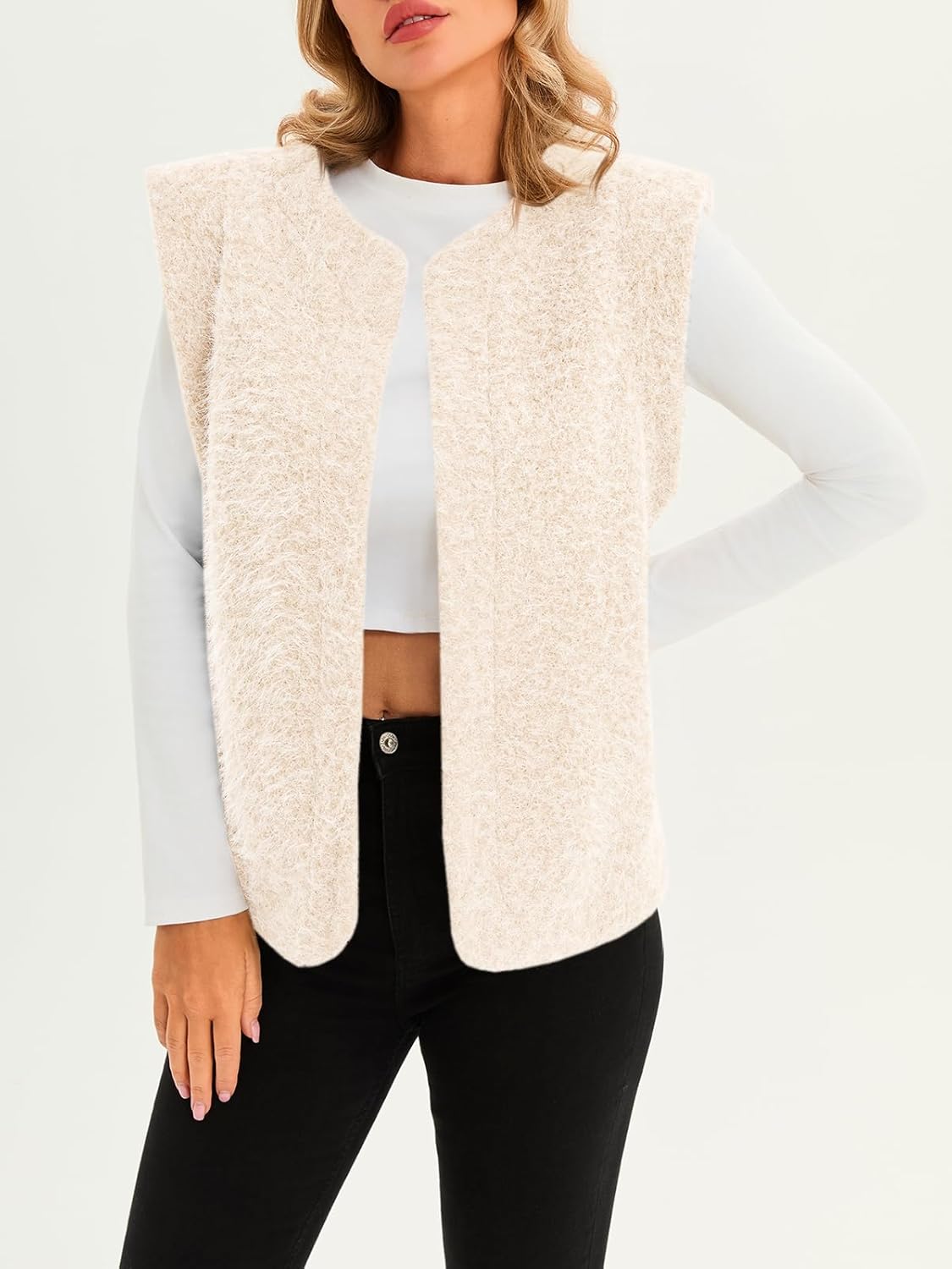 Tankaneo Womens Fuzzy Fleece Vest Lightweight Sleeveless Open Front Sherpa Jacket Fall Warm Outerwear - Image 5