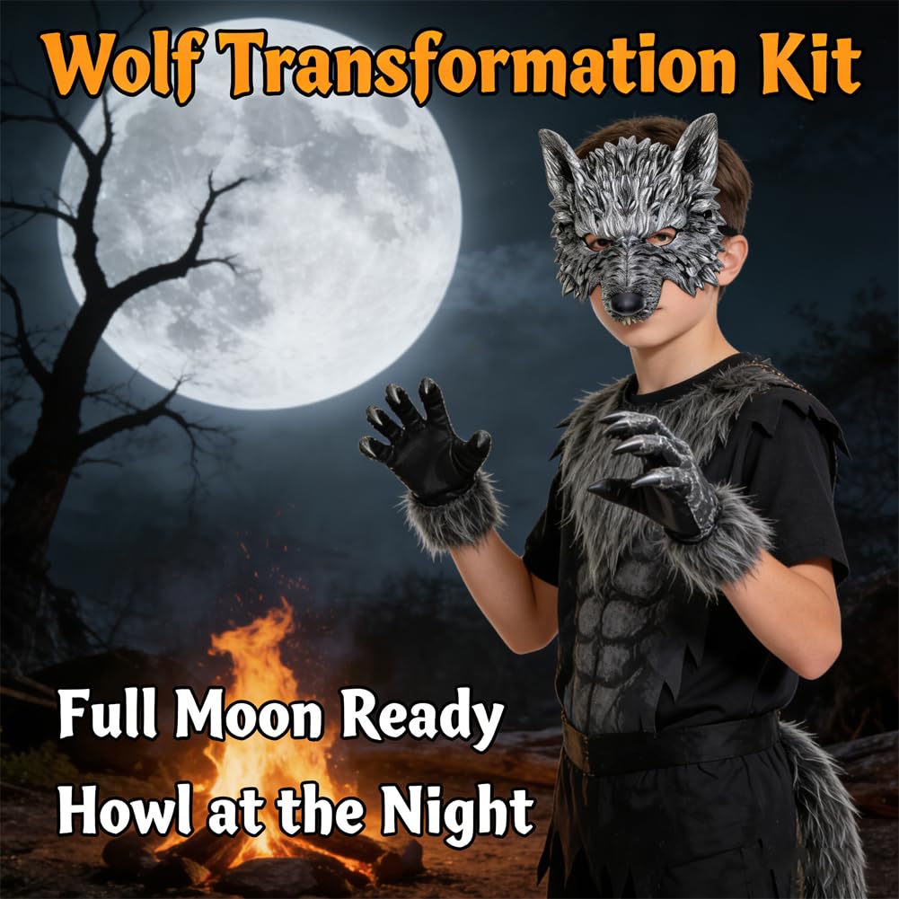 SYTTNUM Disfraz de lobo, disfraz de zorro, disfraz de lobo con cola de zorro, guantes, disfraz de animales para Halloween — view 6