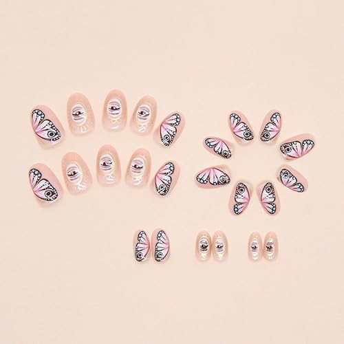 Miniatura 3 de Uñas postizas cortas de almendra, uñas postizas brillantes con ojos y mariposas, cobertura completa, uñas postizas ovaladas acrílicas, uñas
