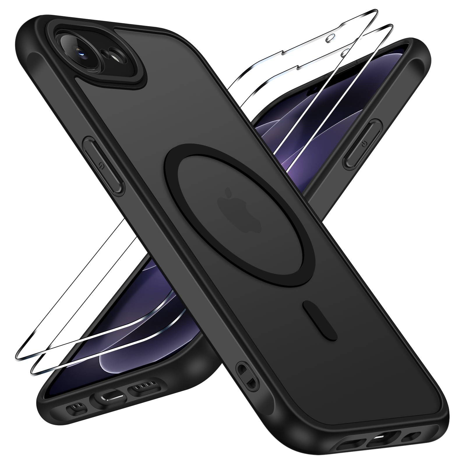iVoler Cover Magnetica per iPhone 17e / 16e con 2 Pezzi Vetro Temperato, [Compatibile con MagSafe] Custodia Traslucida Posteriore Sottile Anti-Impronte Case, Nero