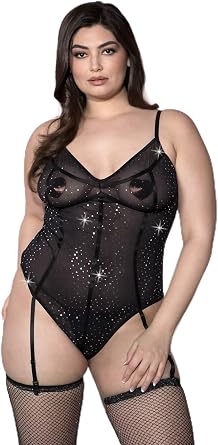 بدلة جسم MUSIC LEGS Plus Size باللون الأسود الشفاف اللامع مع رباط