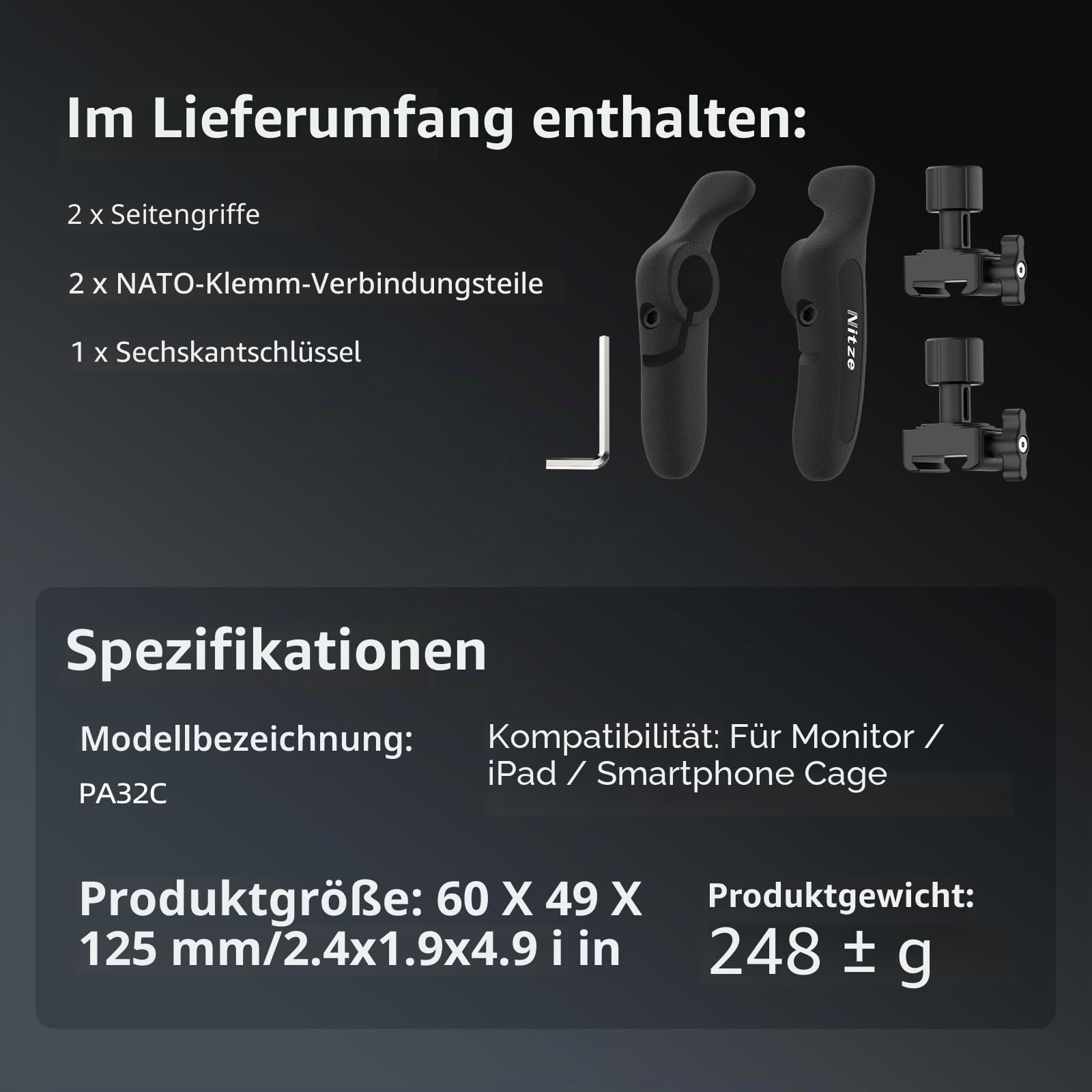Nitze Side Handle with NATO Clamp, Kamera Seitengriff NATO 360° Drehbar für Links- und Rechtshänder, Kompatibel mit Smartphone, iPad und Monitorkäfig – PA32C