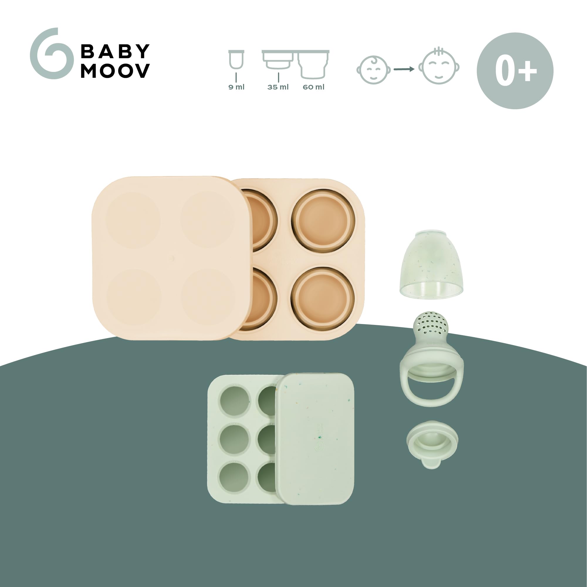 Babymoov 2 Bacs Glaçon Bébé Diversification Alimentaire + 1 Grignoteuse Bébé - Bacs Avec Couvercle - Moule Silicone Premium - Eveille aux Goûts et Soulage les Poussées Dentaires