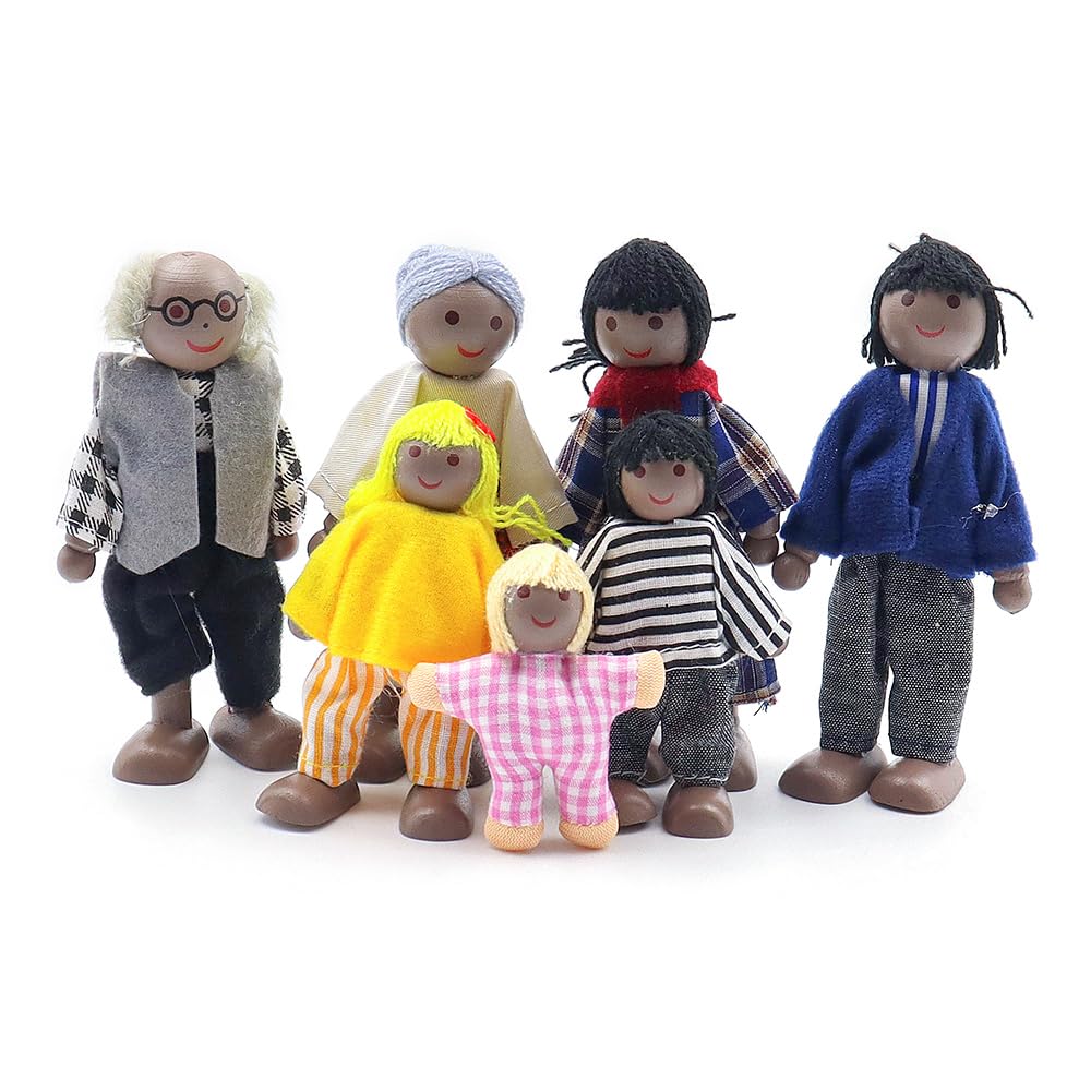Sarini Set for Dolls House People Family of 7 Wooden Figure, Small Dolls for Girls Lovely Happy Family Dolls Playset Doll House
