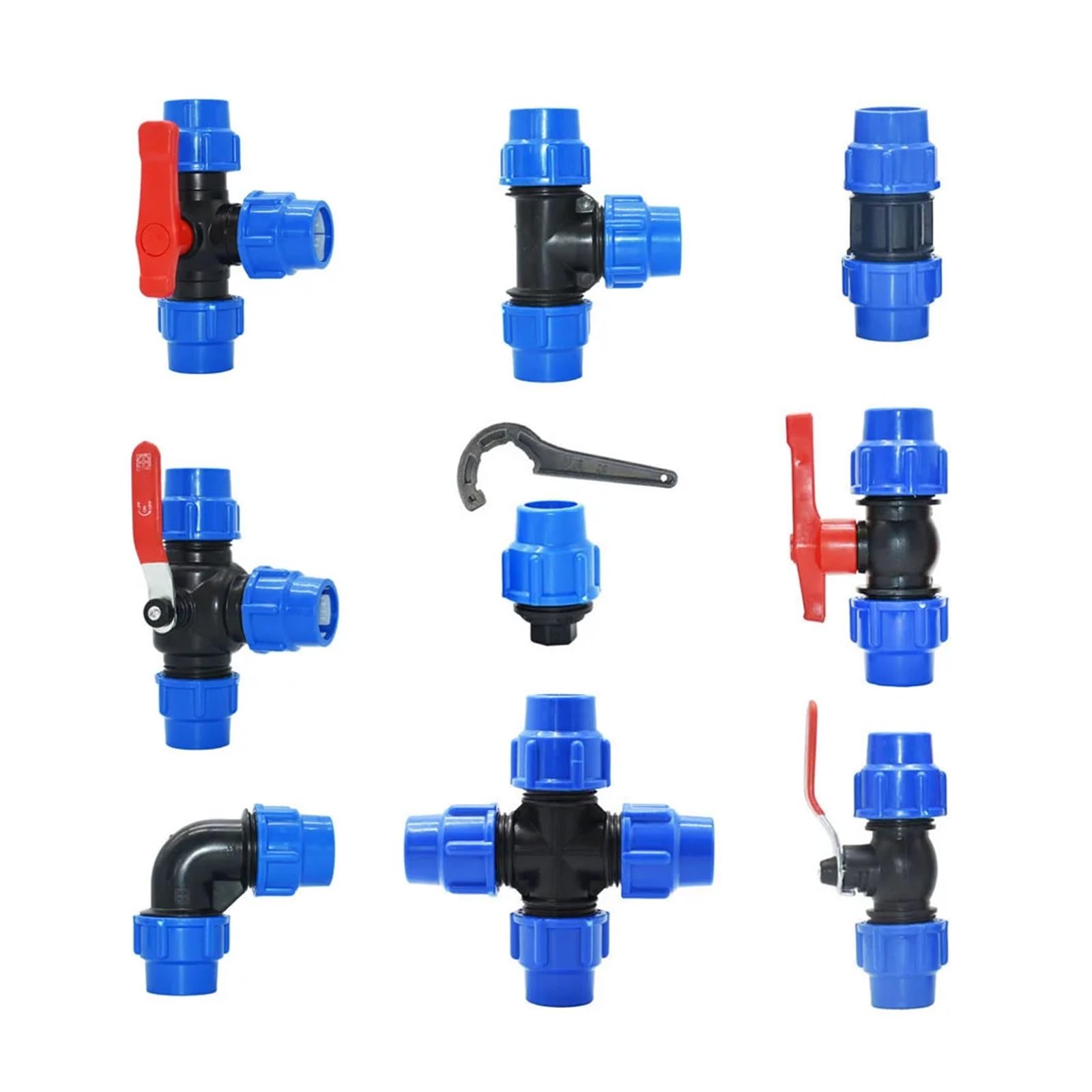 Connettore di riduzione del tubo in PE di plastica a 2/4 vie 63/50/40/32/25/20mm Tee Splitter acqua Accoppiatore rapido for valvola Raccordi for irrigazione(C)