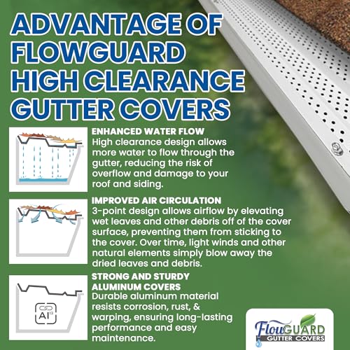 Image of FlowGuard USA Made Professional DIY 5 Inch High Clearance 50-Year Gutter Cover System - White - Aluminum Gutter Guards - 22 Feet - by FlexxPoint