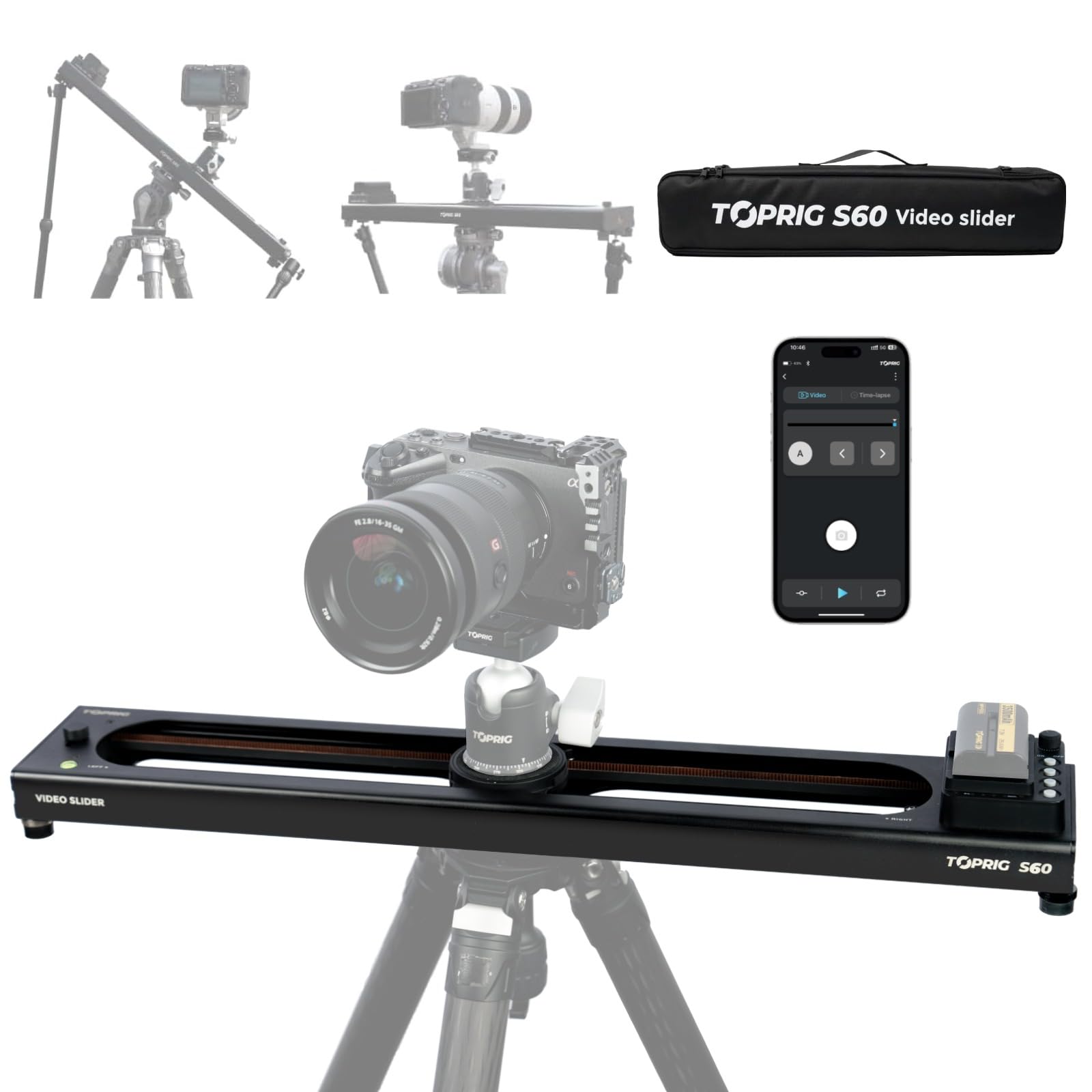 Toprig 24''/60cm Motorized Video Slider, Aluminum Alloy, Silent & Stable, NP-F Battery, Compatible with Camera, DSLR, Mirrorless, Compact, Action Cam