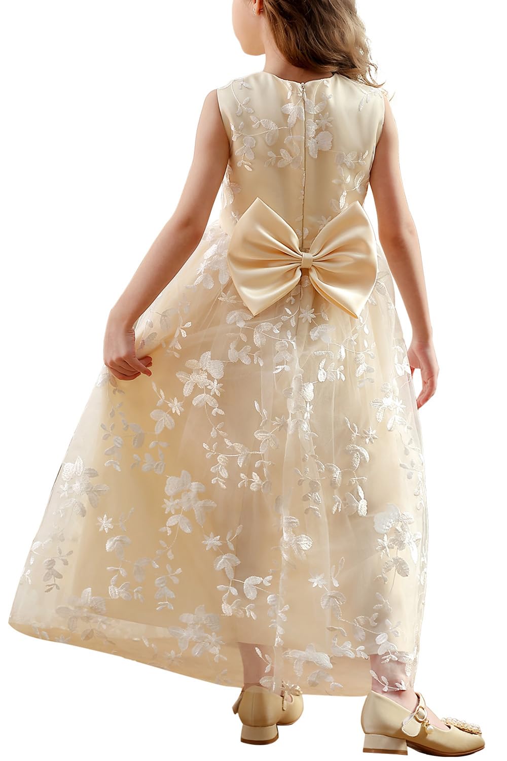Aibaowedding Boho A-Linie Kommunionkleid Mädchen Spitze mit Satin Gürtel | Spitzenkleid mit floraler Stickerei, Rundhalsausschnitt und Satin-Gürtel, Kommunion und Blumenmädchenkleid für Mädchen